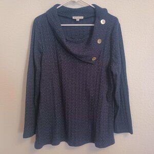 NORTH STYLE WOMEN'S TOP ASYMMETRICAL COWL NECK BLUE SPECKLE LONG SLEEVE SIZE XL